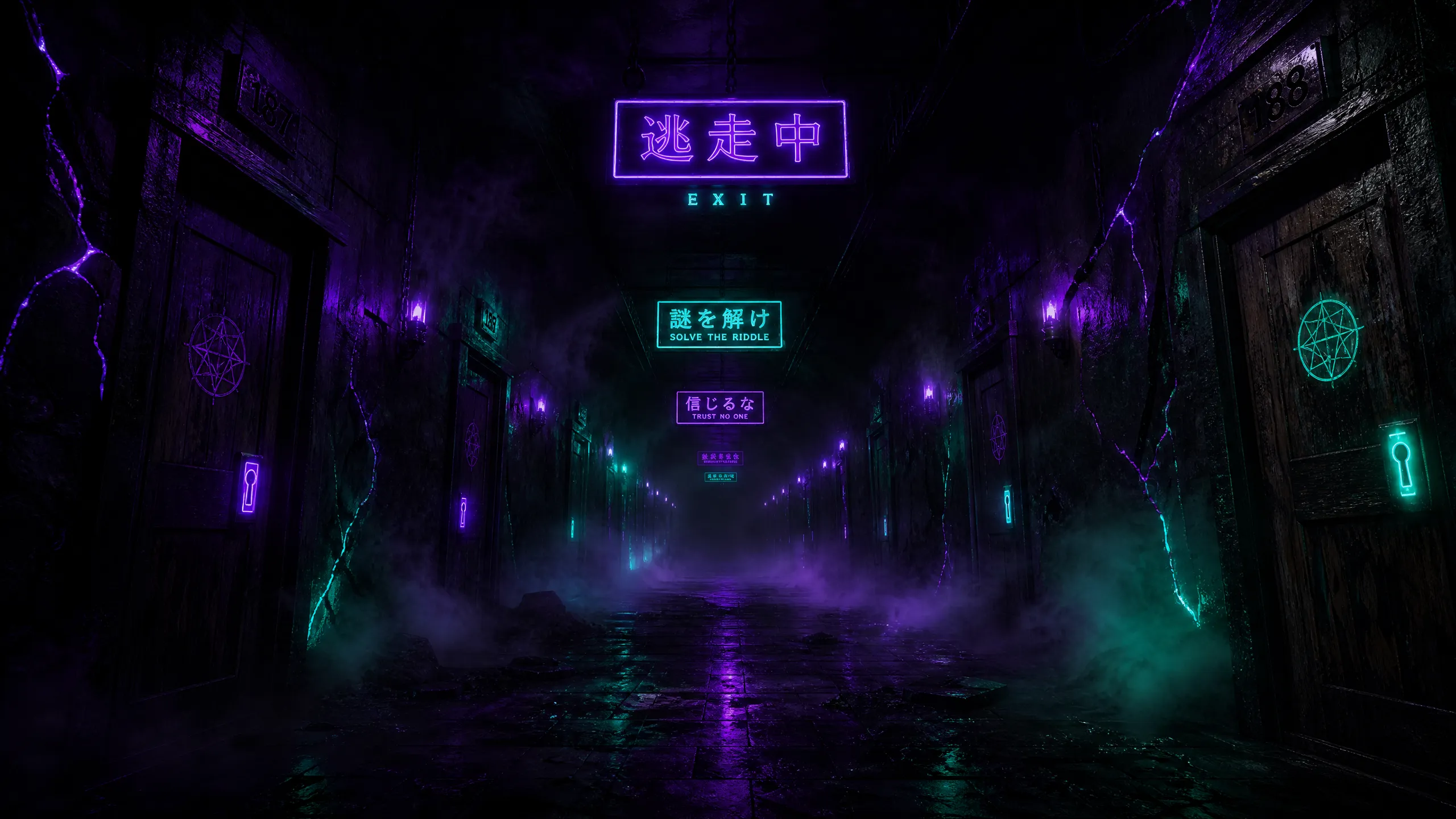 密室走廊第一人称视角，​霓虹紫光与幽灵荧光绿交织的悬疑暗夜走廊