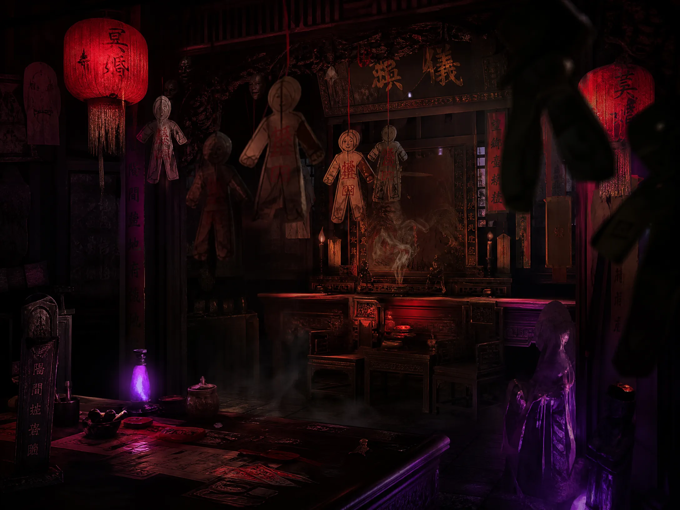 中式微恐密室主题纸人古宅场景